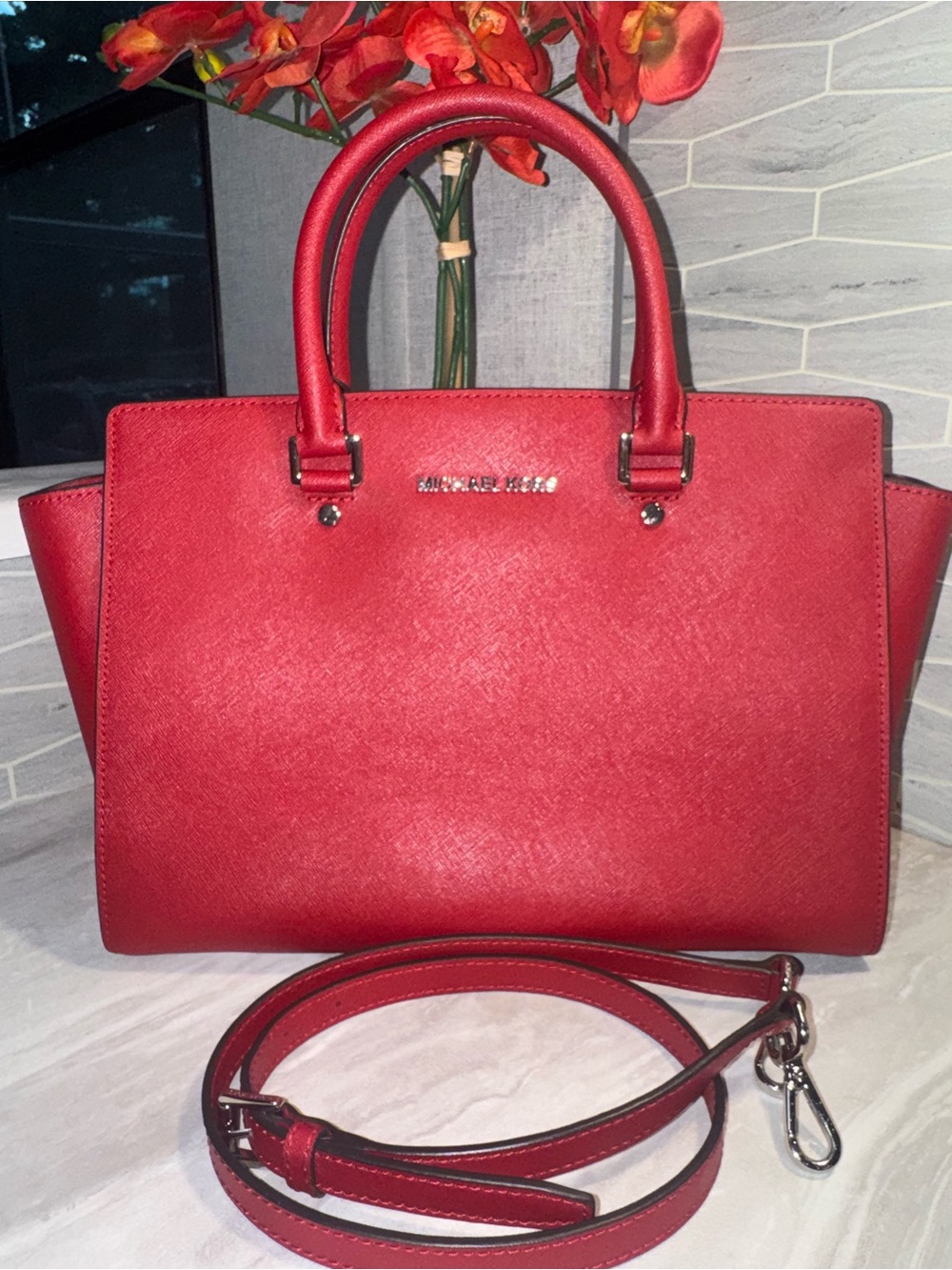 Like New $298 Michael Kors Red Saffiano Leather Satchel Detachable Strap & Dusty